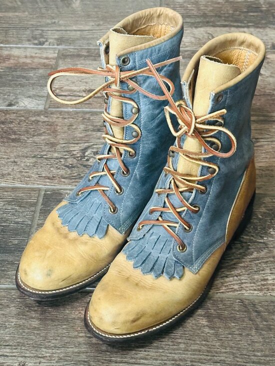 Justin Boots Shoes - Justin Brown Blue Roper Lace Up Women Ankle Cowboy Boots Sz 7C